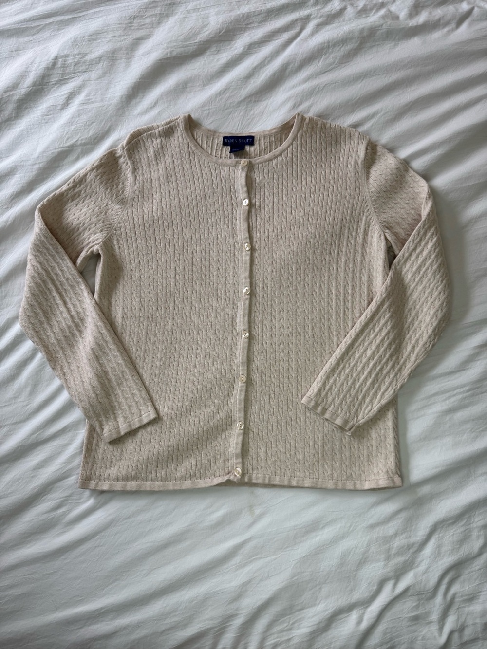 Women’s Karen Scott Cream Ribbed Button-Front Sweater Cardigan 100% Cotton